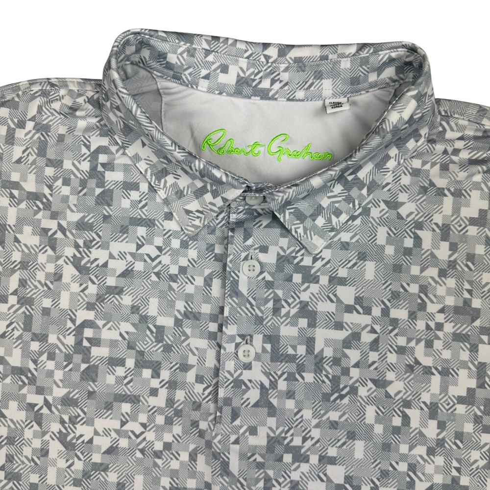 Robert Graham Mens XL Polo Shirt Grey White Geometric Mosaic Performance Stretch